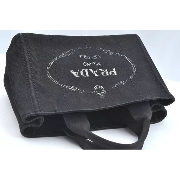 Authentic PRADA Canapa Canvas Shoulder Hand Bag Purse Black small size tote - Picture 6 of 17